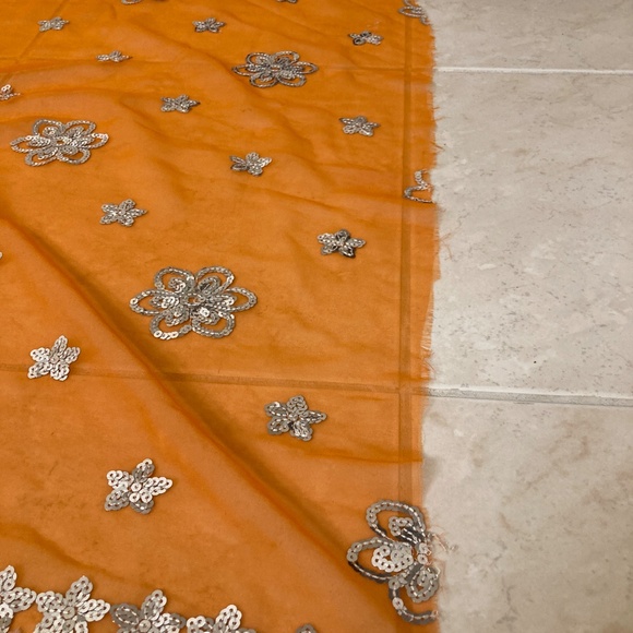 Orange Sheer Scarf With Sequins Embroidered Long - Picture 3 of 5